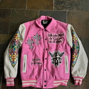 Pink and White Bomber Jacket with Graphic Design